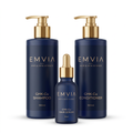 Emvia GHK-Cu Complete Routine Bundle - navy bottles with gold hardware: 300ml shampoo, 300ml conditioner and 30ml hair serum with gold dropper