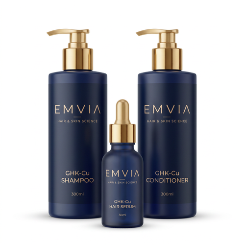 Emvia GHK-Cu Complete Routine Bundle - navy bottles with gold hardware: 300ml shampoo, 300ml conditioner and 30ml hair serum with gold dropper
