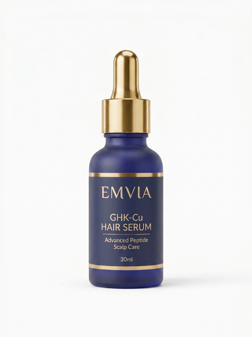 Emvia GHK-Cu Hair Serum 30ml, navy bottle with gold dropper