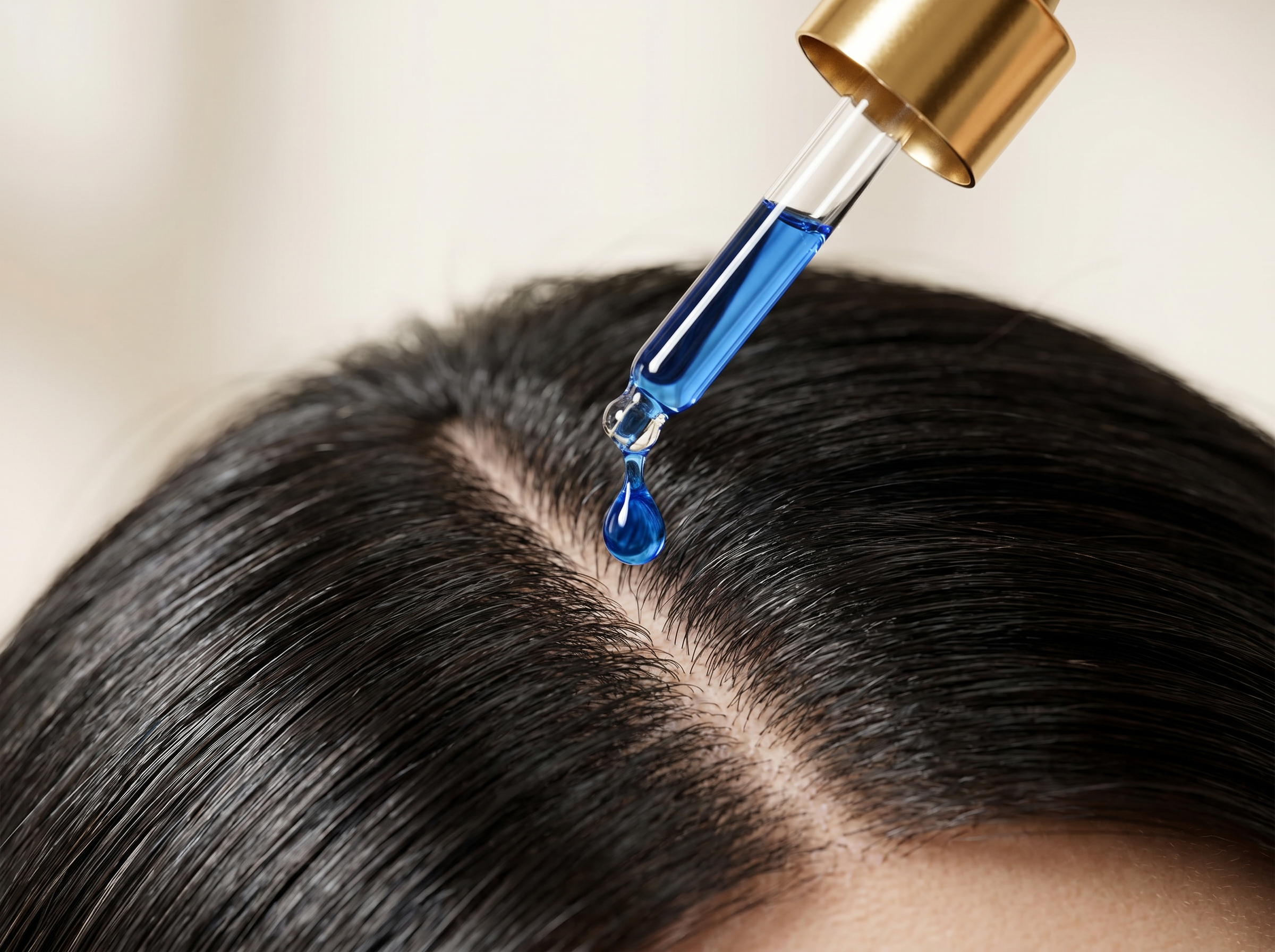 Blue GHK-Cu serum drop from gold dropper onto scalp