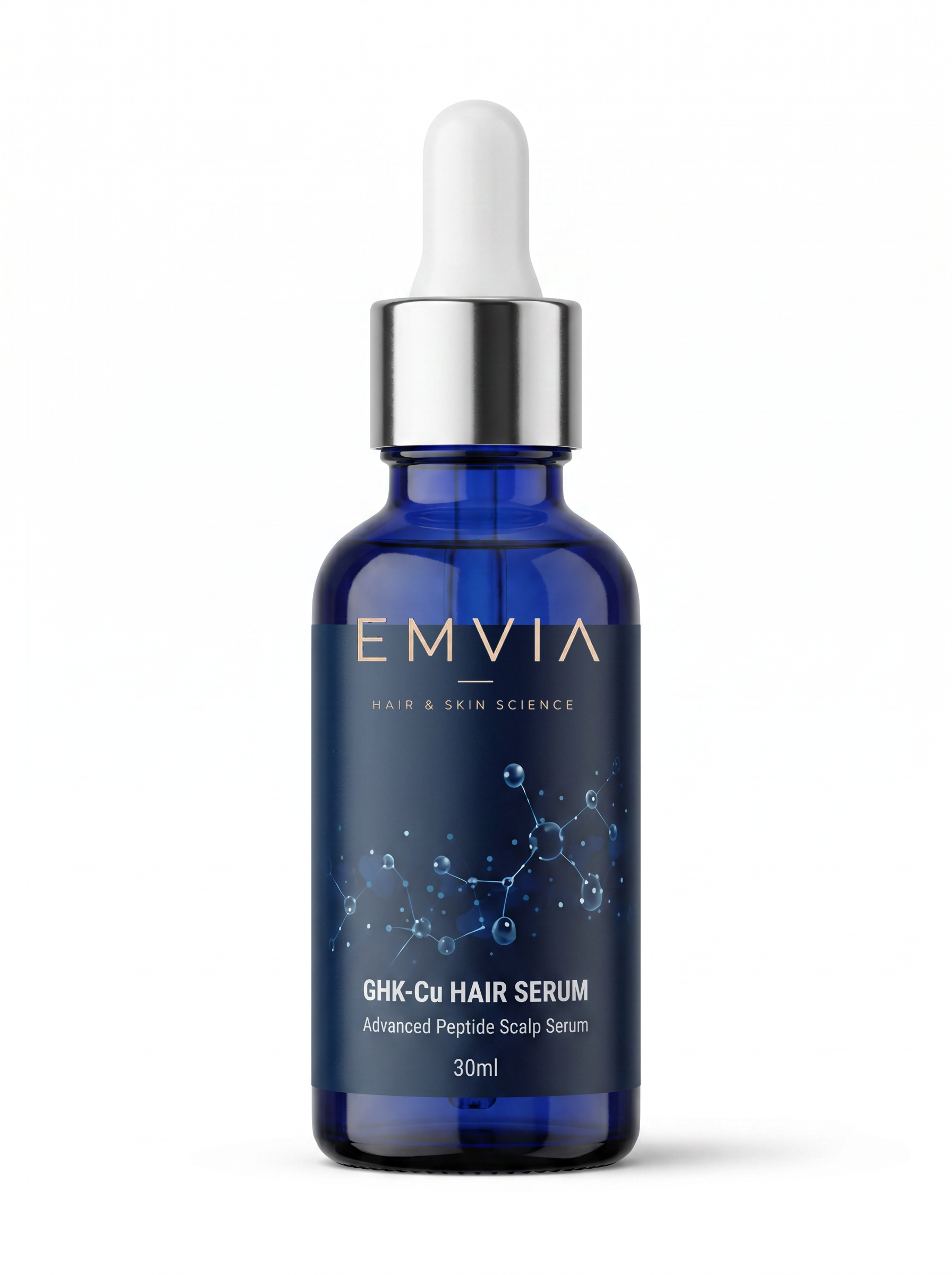 Emvia GHK-Cu Hair Serum, navy bottle, silver dropper, blue serum