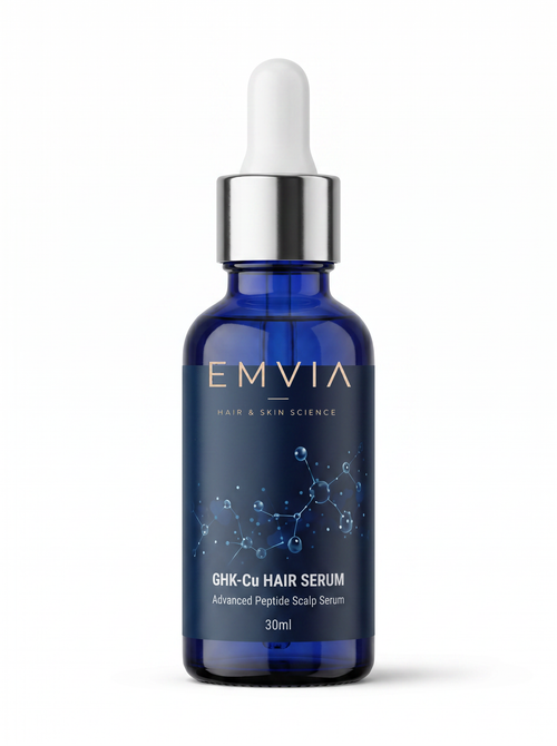 Emvia GHK-Cu Hair Serum, navy bottle, silver dropper, blue serum